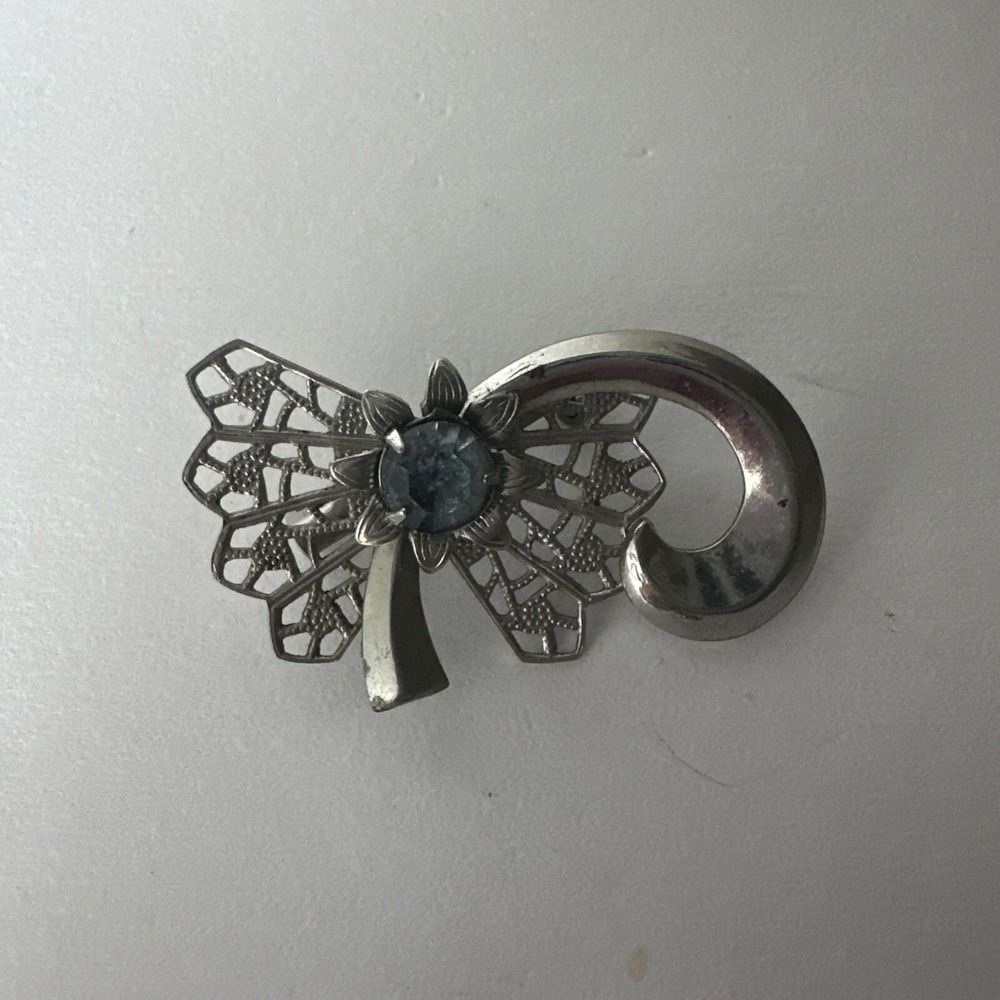 Silver Tone Butterfly/Flower? Pin Brooch w/ Blue Rhinestone Vintage